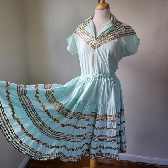 Vintage 50s 60s Blue Gold Patio Siesta Fiesta Squaw Southwestern Dress Medium - Picture 6 of 10